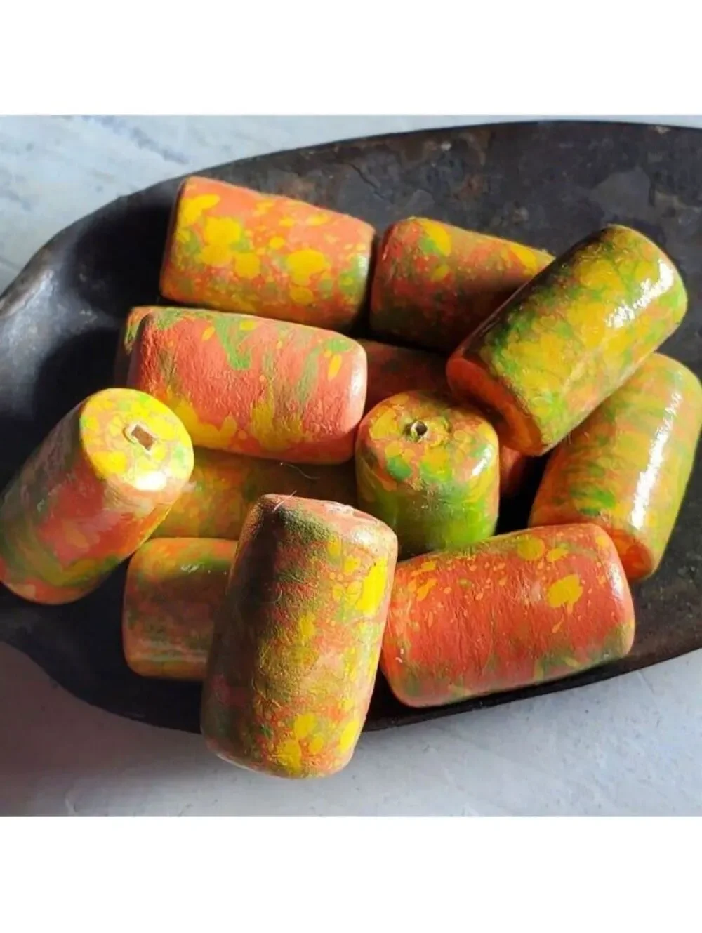 Japanese Mottled Decoupage Beads Vintage Coral Pink Cream Green 22mm Tube 4pcs